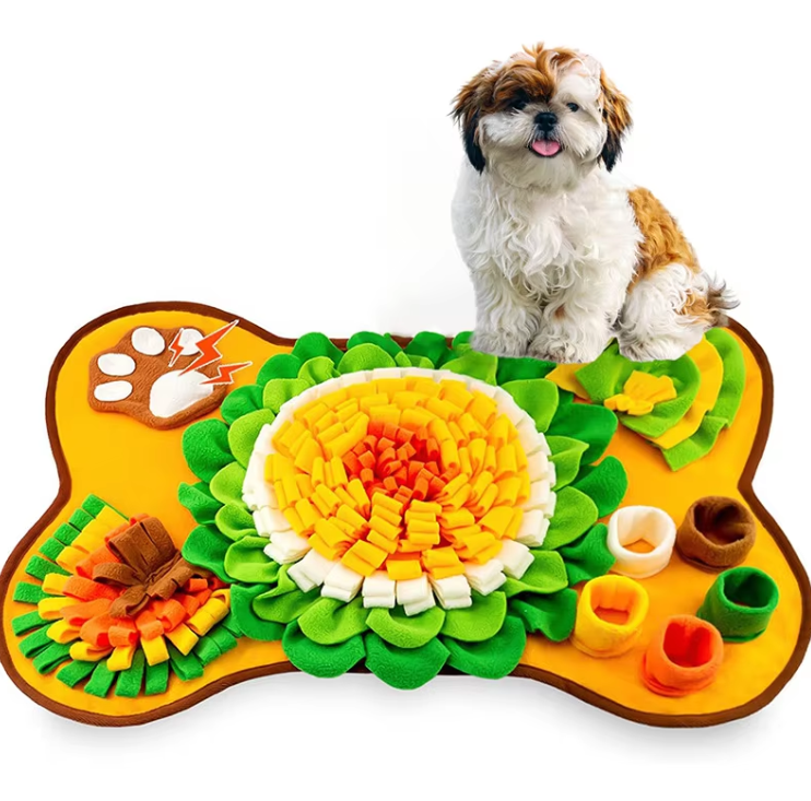 Gelber Schnüffelteppich für Hunde mit Blumen- und Taschenverstecken