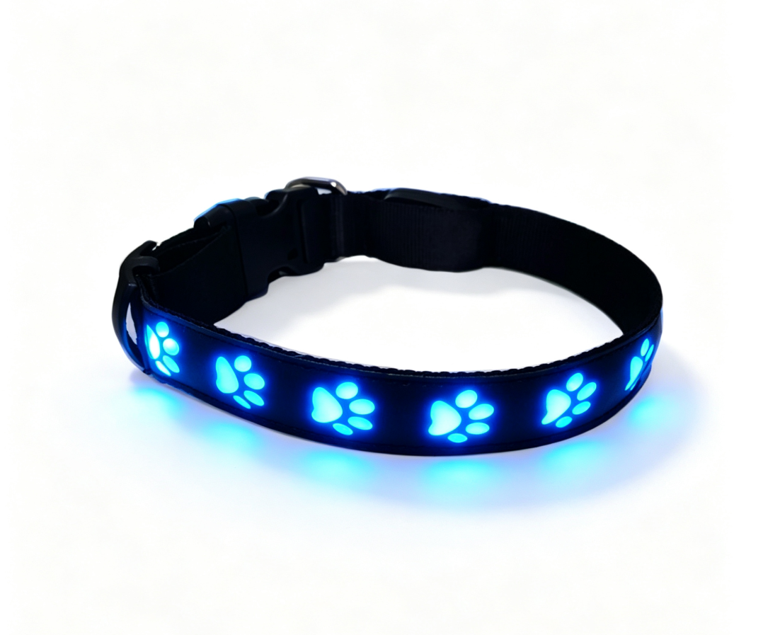 LED-Hundehalsband in Blau mit leuchtenden Pfotenmotiven