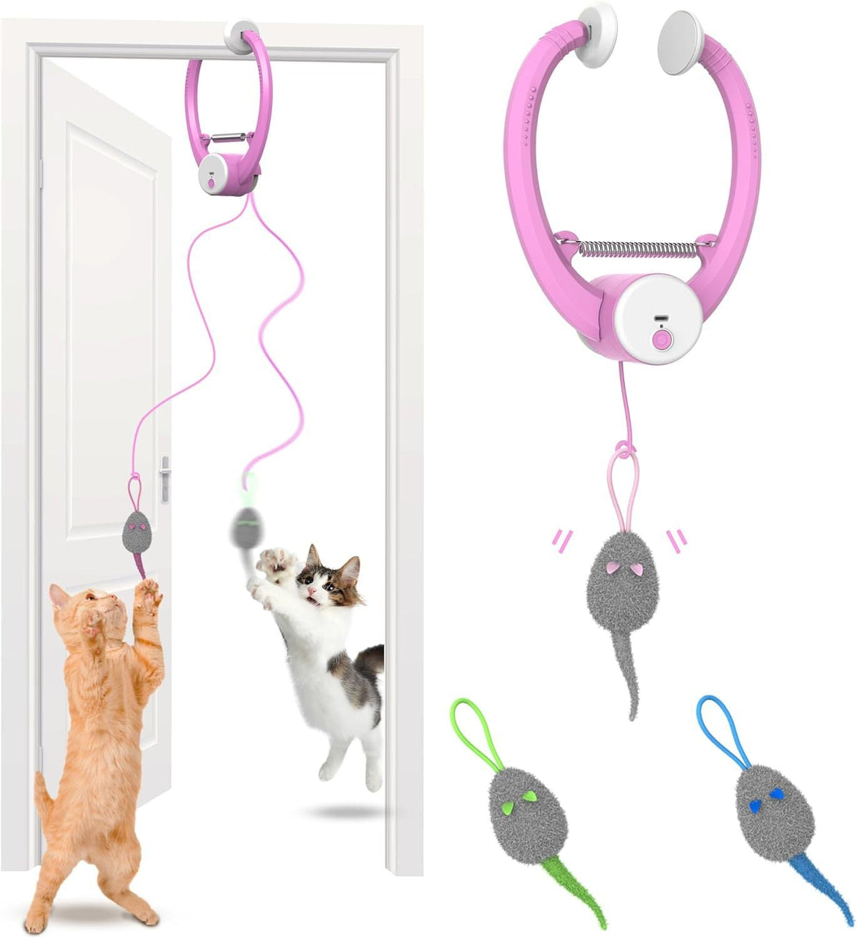 Automatisches Katzenspielzeug in Rosa am Türrahmen mit drei Spielmäusen