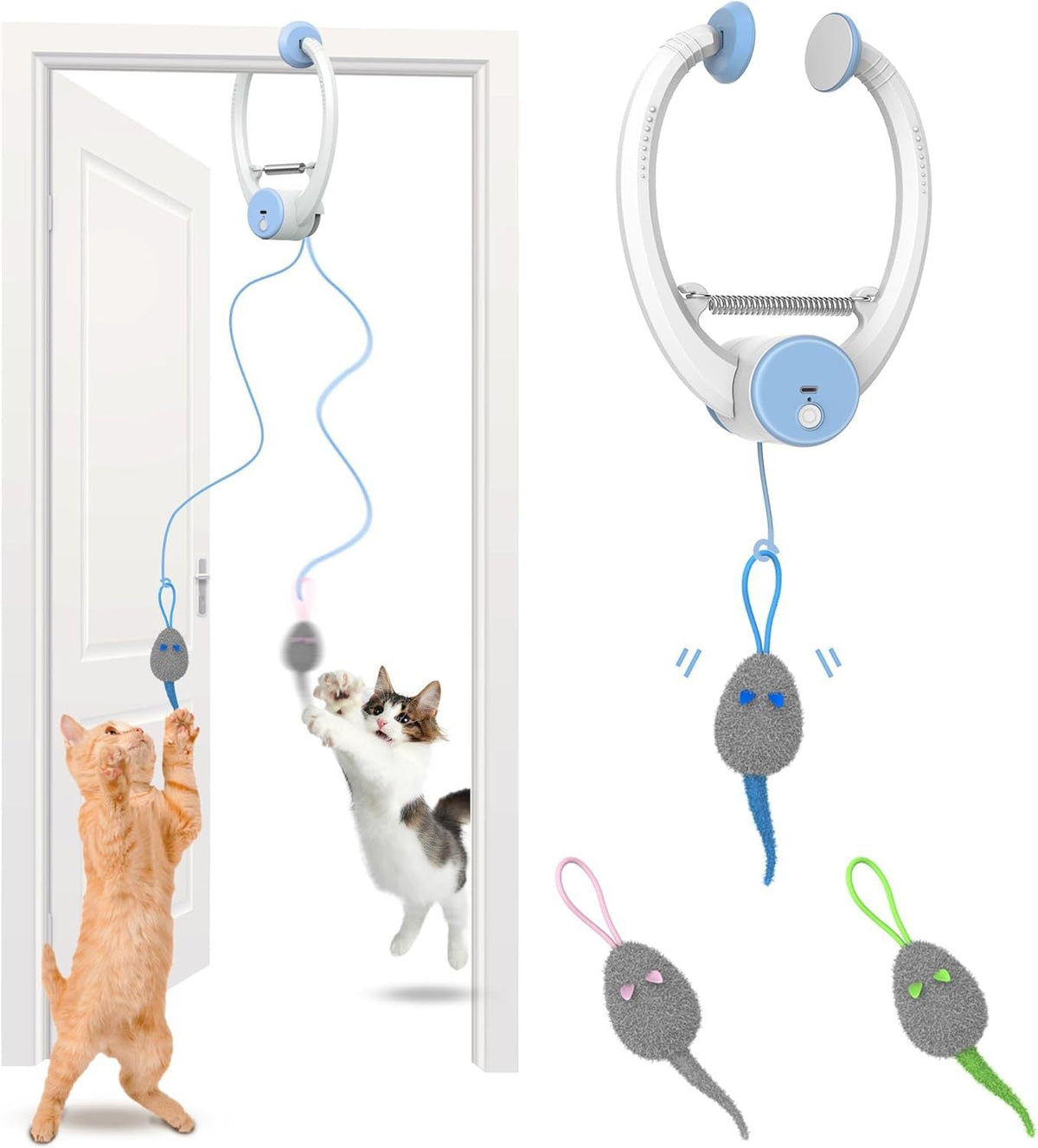 Automatisches Katzenspielzeug in Blau am Türrahmen mit drei Spielmäusen