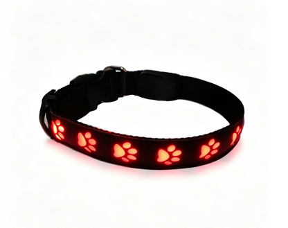 LED-Hundehalsband in Rot mit leuchtenden Pfotenmotiven
